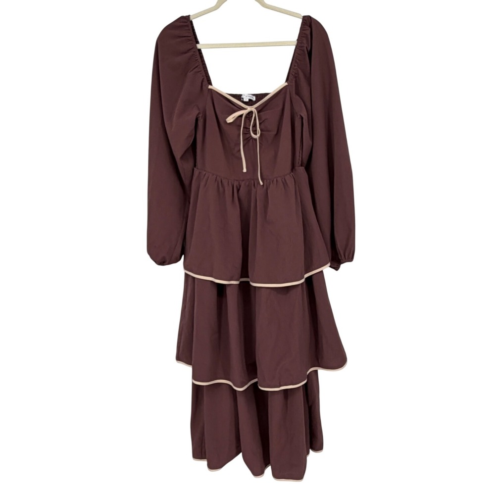 Baltic Born Brown Tiered Smocked Long Sleeve Maxi Dress Small A1491DBTB
